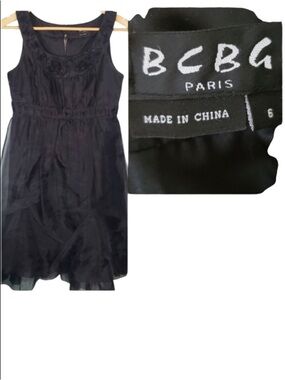 BCBG Paris vintage beaded black cocktail dress rosettes